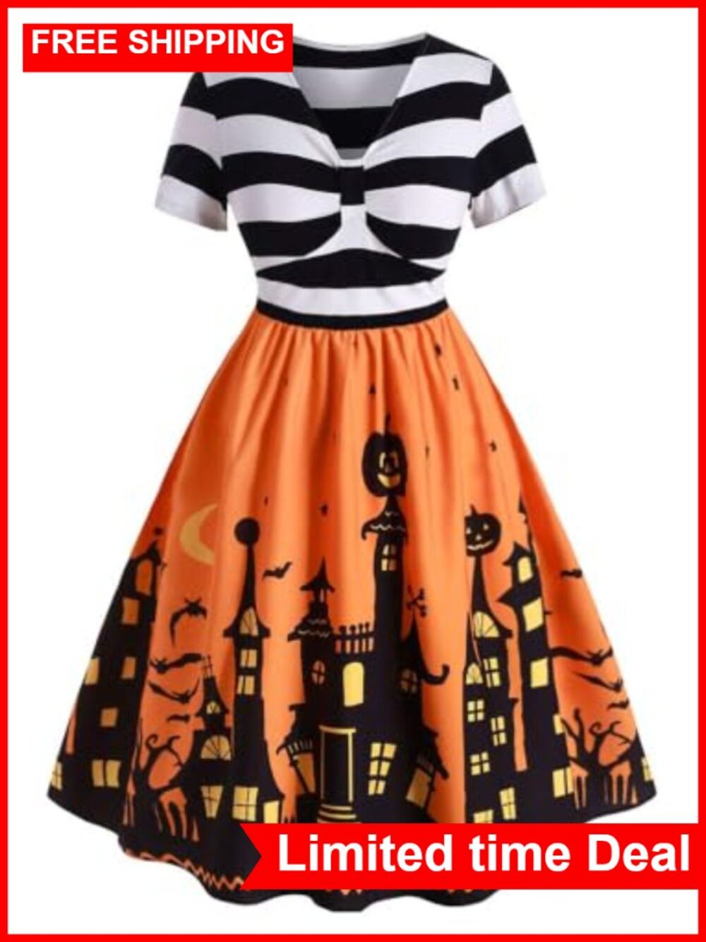 Plus Size Halloween Pumpkin Print Dress Striped Bodice Short Sleeve